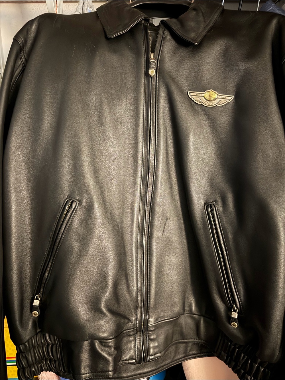 Men's Harley Davidson Black Leather Bomber Jacket with Wing Emblem